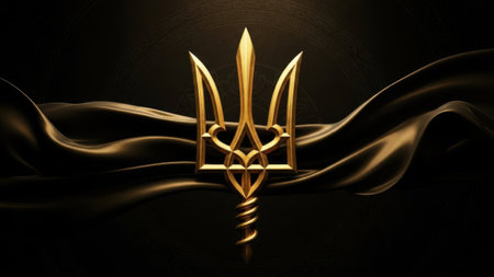 The image features a golden trident symbol prominently displayed against a black fabric background. The trident is intricately designed with a heart shape at its center, and the fabric appears to be flowing and draped elegantly around it. The contrast between the golden trident and the dark background highlights the symbol's elegance and significance.の素材