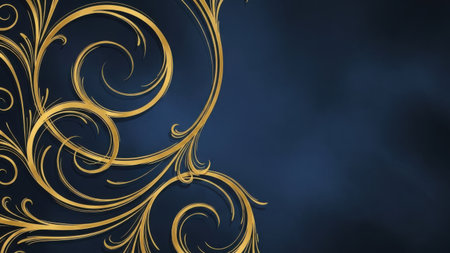This image features an intricate design of golden scrollwork set against a dark background. The scrollwork consists of elegant, swirling patterns that create a sense of movement and sophistication. The contrast between the golden design and the dark background highlights the elaborate details of the scrollwork, making it stand out prominently. This type of design is often associated with luxury, artistry, and classical beauty.の素材