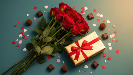 A beautifully arranged bouquet of red roses sits next to a gift box adorned with a red ribbon. Surrounding the flowers and gift are scattered heart-shaped confections and chocolate pieces, creating a festive and romantic atmosphere perfect for Valentine's Day.の素材