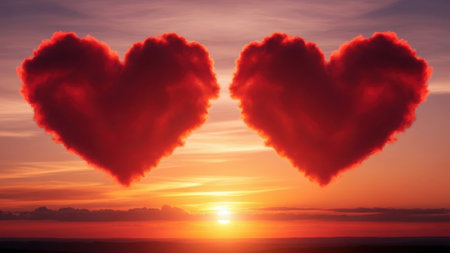 A breathtaking sunset with two heart-shaped clouds floating in the sky. The warm hues of orange and red from the setting sun create a romantic and serene atmosphere. The heart shapes are perfectly formed and stand out against the vibrant sky, symbolizing love and affection.の素材