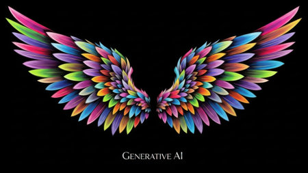 A pair of vibrant, multicolored angel wings set against a stark black background. The wings are intricately detailed with feathers in a spectrum of colors including pink, blue, green, yellow, and purple, creating a striking visual contrast.の素材