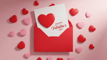 A red envelope with a white card featuring a red heart and the message 'Happy Valentine's Day' is surrounded by scattered heart-shaped decorations. The background is a soft pink, enhancing the romantic atmosphere.の素材
