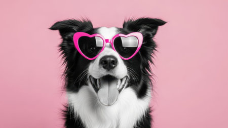 A black and white dog is seen wearing stylish heart-shaped sunglasses. The dog appears to be enjoying itself, with its tongue playfully sticking out. The background is a solid pink color, adding a vibrant and cheerful atmosphere to the image.の素材