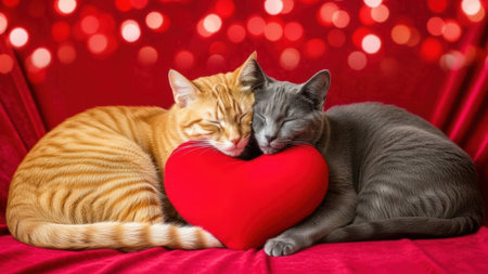 Two cats, one orange and one gray, are comfortably snuggling together on a red blanket. Between them is a large red heart-shaped pillow, symbolizing love and affection. The background is adorned with red bokeh lights, creating a warm and cozy atmosphere.の素材