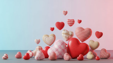 A vibrant display of heart-shaped decorations in various sizes and patterns. The hearts are suspended in mid-air, creating a whimsical and festive atmosphere. The colors range from bright red to soft pink, with some hearts featuring checkered patterns. The background transitions from a light blue to a soft pink, enhancing the overall cheerful ambiance.の素材
