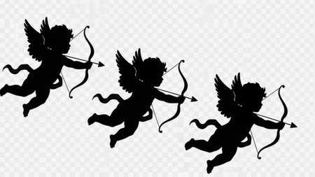This image features three cherubic figures, each holding a bow and an arrow. The cherubs are depicted in silhouette, giving a stark contrast against the background. They appear to be in mid-flight, adding a sense of motion to the scene. The cherubs have wings and curly hair, enhancing their angelic appearance.の素材