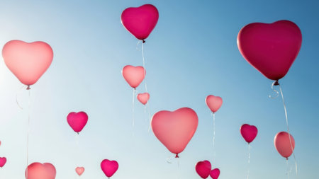 A vibrant scene of heart-shaped balloons floating in a clear blue sky. The balloons vary in size and color, predominantly pink and red, creating a festive and romantic atmosphere. The image captures the joy and celebration of love, with the balloons seemingly dancing in the air.の素材
