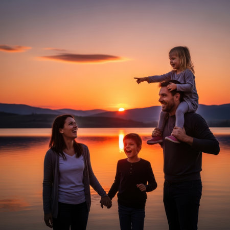 A family of four is enjoying a beautiful sunset by the lake. The father is carrying the little girl on his shoulders, while the mother and the boy are holding hands. The sky is painted with hues of orange and pink, reflecting on the calm water. The family appears to be having a joyful and relaxing moment together.の素材