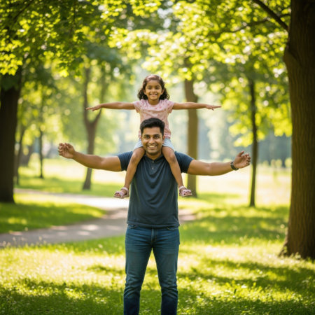 A joyful father carrying his daughter on his shoulders as they walk through a lush, green park. Both are smiling and appear to be having a wonderful time together. The park is filled with tall trees and vibrant greenery, creating a serene and pleasant atmosphere.の素材