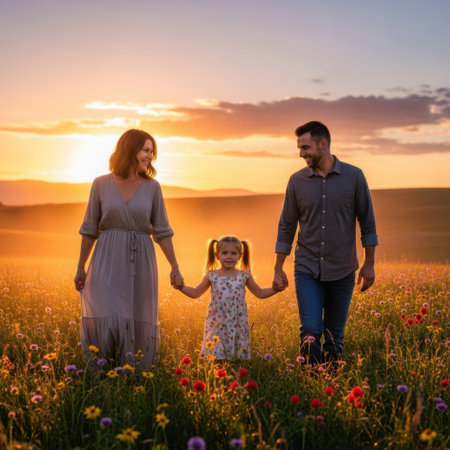 A family of three, consisting of a mother, father, and daughter, is walking hand in hand through a vibrant meadow filled with wildflowers. The sun is setting in the background, casting a warm golden glow over the landscape. The family appears joyful and content, enjoying a peaceful moment together in nature.の素材