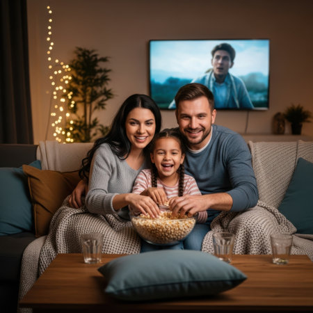 A family of three, consisting of a mother, father, and daughter, is enjoying a cozy movie night at home. They are seated on a comfortable couch, sharing a bowl of popcorn while watching a film on their television. The room is warmly lit, and a Christmas tree with lights adds to the festive atmosphere.の素材