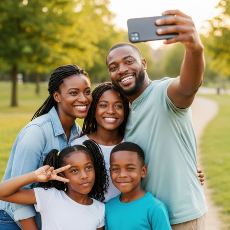 A joyful family of five poses for a selfie in a park. The parents, standing behind their three children, all smile brightly at the camera. The scene is set in a lush, green park with trees in the background, suggesting a pleasant day outdoors. The family appears to be enjoying quality time together, capturing a happy moment.の素材
