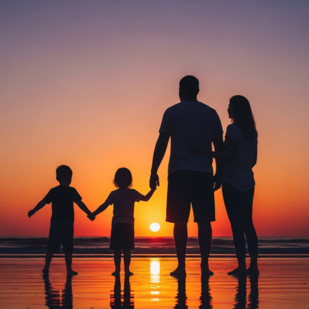 A family of four, consisting of two adults and two children, stands hand in hand on a beach at sunset. The sun is setting on the horizon, casting a warm orange glow across the sky and reflecting off the wet sand. The silhouettes of the family members create a heartwarming scene of togetherness and love.の素材