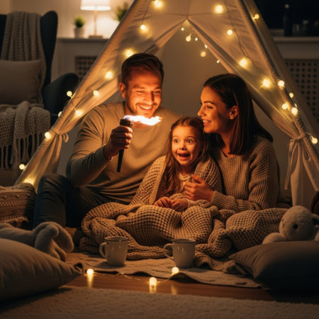 A family of three is enjoying a movie night inside a cozy tent illuminated with string lights. The father is holding a flashlight, the mother is smiling, and the daughter is excitedly watching the screen. They are all dressed in comfortable pajamas and surrounded by pillows and blankets, creating a warm and intimate atmosphere. Two mugs of hot beverages are placed nearby, adding to the cozy ambiance.の素材