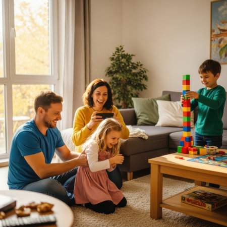 A family of four is enjoying quality time in their living room. The parents are sitting on the floor, engaged with their young daughter who is playing with a toy. Their older son is nearby, stacking colorful building blocks on a table. The room is cozy with a couch, a coffee table, and a window letting in natural light.の素材