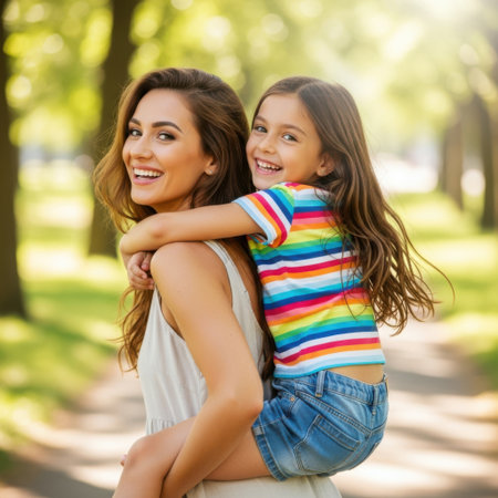 A joyful mother and daughter are spending quality time together in a serene park. The mother, dressed in a white top, carries her daughter on her back. The daughter, wearing a colorful striped shirt and blue jeans, smiles brightly as they enjoy the lush greenery and sunlight filtering through the trees.の素材