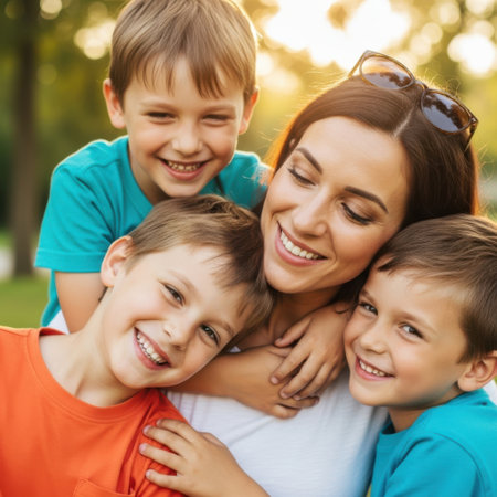 A joyful mother embraces her three children in a lush, green park. The family is surrounded by tall trees and bathed in warm sunlight, creating a serene and heartwarming atmosphere. The children are smiling and appear to be enjoying the affectionate moment with their mother.の素材
