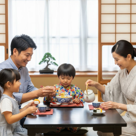 A family of four, consisting of two adults and two children, is gathered around a low table in a serene room with traditional Japanese decor. The family is participating in a tea ceremony, with the mother pouring tea into cups while the father and children watch attentively. The room features sliding wooden doors, a bonsai tree, and a calm atmosphere, highlighting the cultural significance and harmony of the moment.の素材