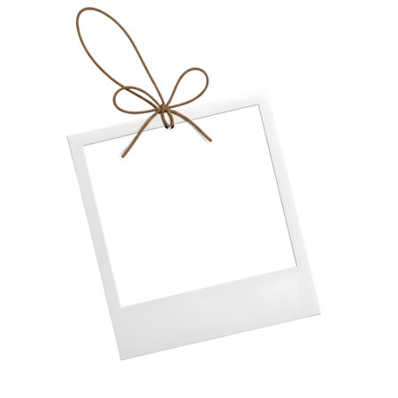This image features a blank Polaroid photograph with a brown string tied into a bow at the top. The Polaroid is white with a thin border, and the string adds a decorative touch. The overall aesthetic is minimalistic and charming.の素材