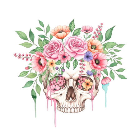 A beautifully detailed watercolor illustration of a skull adorned with vibrant flowers and greenery. The skull is decorated with an array of colorful blooms including roses and poppies, creating a striking contrast between the macabre and the beautiful. The artwork features delicate drippings of paint, adding a whimsical touch to the overall composition.の素材