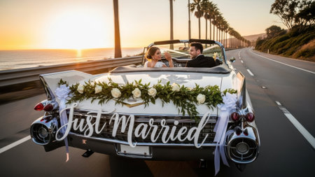 A newly married couple is seen enjoying a scenic drive along a coastal road in a vintage convertible car. The car is adorned with flowers and a 'Just Married' sign, adding to the celebratory atmosphere. The setting sun casts a warm glow over the ocean and palm trees, creating a romantic backdrop for the couple's special moment.の素材