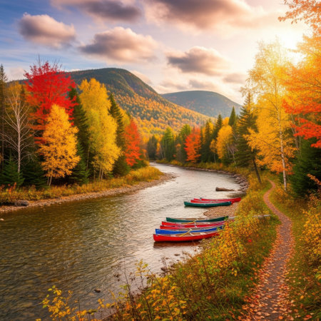 Autumn river scene with boatsの素材