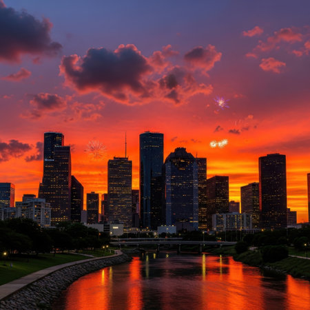 Vibrant cityscape at sunsetの素材