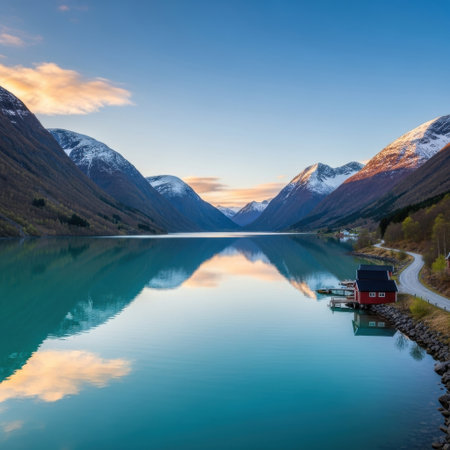 Serene mountain lake at sunsetの素材