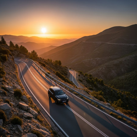 Sunset drive through mountain passの素材