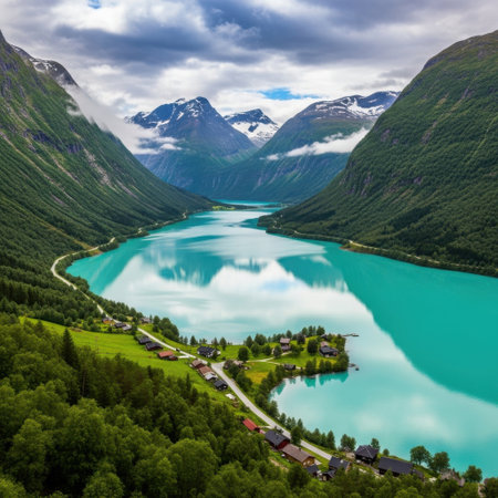 Serene mountain lake surrounded by lush forestsの素材