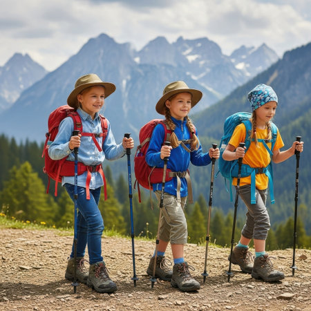 Three children hiking in the mountainsの素材
