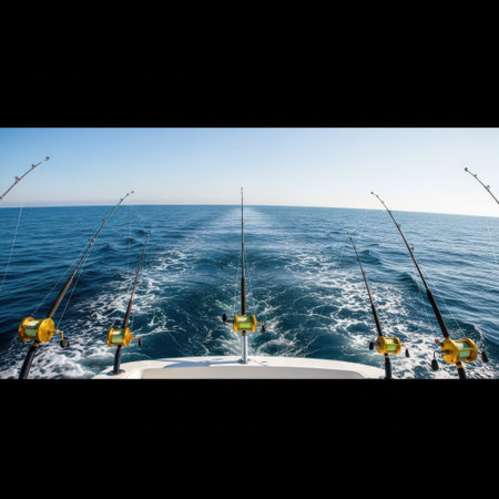 Fishing rods set up on a boatの素材