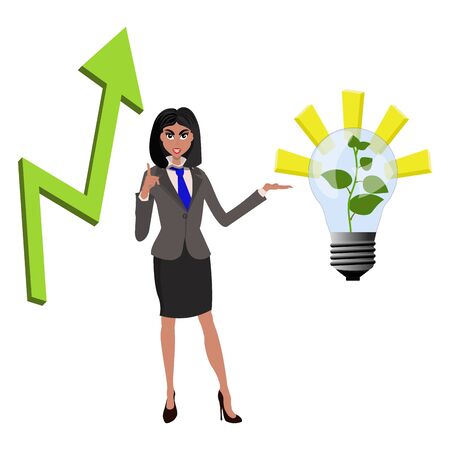 Beatifull businesswoman pointing to successfull idea from lamp with growing green plant and arrow araising up. Vector illustration for successfull business concept idea and financial presentationのイラスト素材