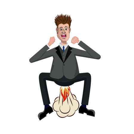 Furious outraged vector cartoon business man huge exploding and farting with fire from his ass. Rage outstanding situation conceptのイラスト素材