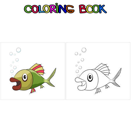 Coloring book with cartoon cute fish - vector illustration. Fish colorful and white and black for coloringのイラスト素材