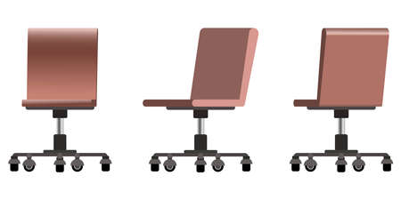 Set of trendy vector flat 3d office modern computer chairs with pastel brown color shades. Front, side and back chairs view, for office briefing decoration and propsのイラスト素材