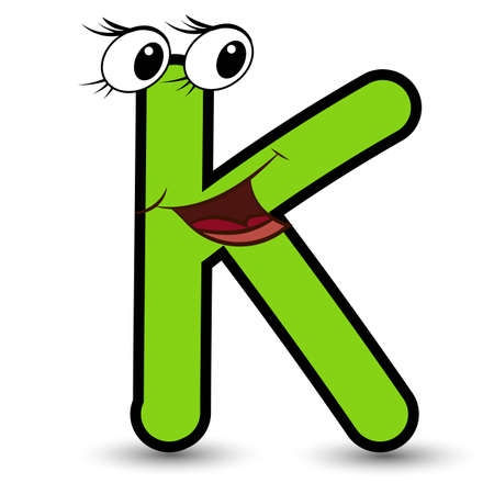 Funny hand drawn cartoon styled font colorful letter K with smiling face vector alphabet illustration isolated on whiteのイラスト素材