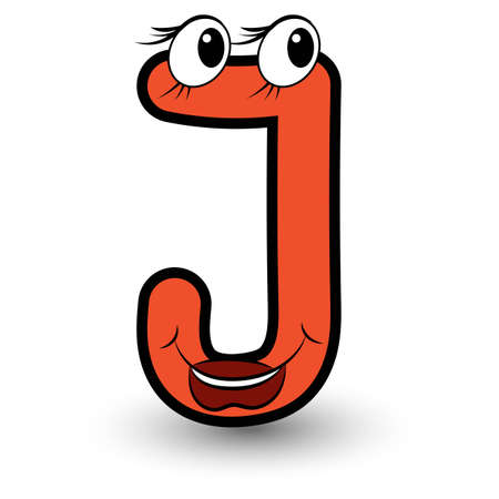 Funny hand drawn cartoon styled font colorful letter J with smiling face vector alphabet illustration isolated on whiteのイラスト素材