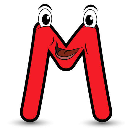 Funny hand drawn cartoon styled font colorful letter M with smiling face vector alphabet illustration isolated on whiteのイラスト素材