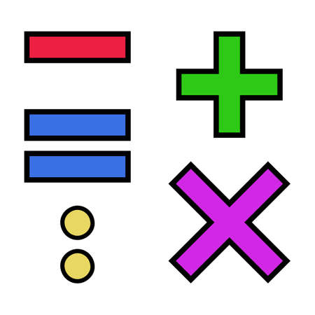 The vector set of colorful arithmetic signs add, subtract, multiply, divide, equalのイラスト素材