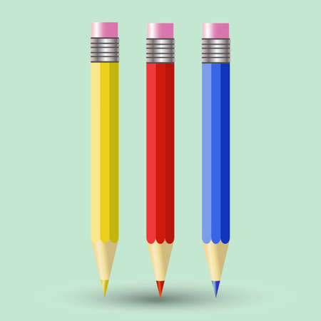 Vector set of three colorful pencils - red, blue, and yellow colors, with a rubber band on top. Isolated on a light green background.のイラスト素材