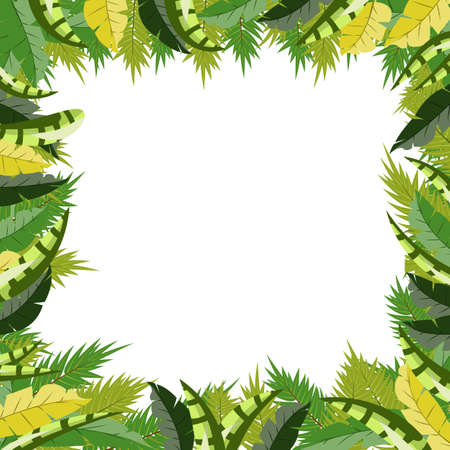 Trendy tropical palm tree branches and tropical plants leaves nature vector poster in a green and yellow light and dark colorsのイラスト素材