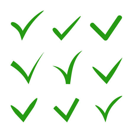 Set of hand-drawn vector tick check in green color. Variety of ticks in different styles and shapes. Design illustration propsのイラスト素材