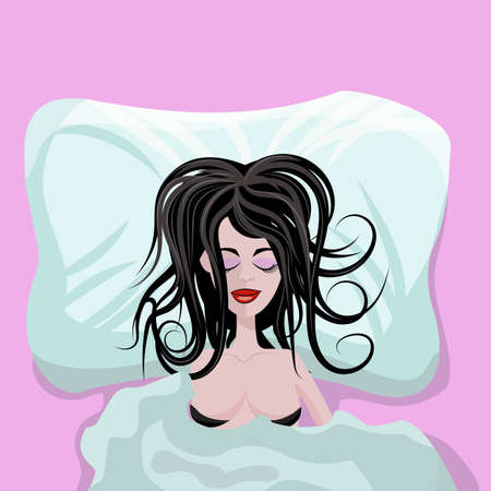 Young beautiful girl or woman sexy sleeping alone in big bed completely satisfied and happy, with a disheveled hairstyle. Vector illustration top view, blue and pink toned.のイラスト素材
