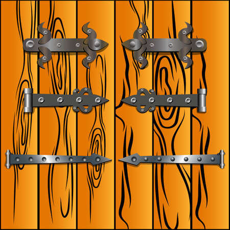 Vintage iron hinges and medieval metal handles vector set. Cartoon props for castle or church ancient doors decorationのイラスト素材