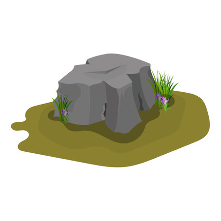Rock stone with branches of grass and crocus flowers as attractive landscape design element vector illustration isolated on white background EPS10.のイラスト素材