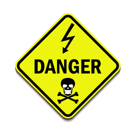 Danger Electrical Hazard High Voltage Sign Isolated, death scull and shock on black triangle over yellow, large macroのイラスト素材