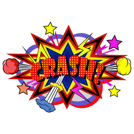 CRASH comic explosion bubble in popart vintage style. Cartoon style vector. Vector cartoon bubble explosion with halftone pattern and shadow Wow effect.のイラスト素材