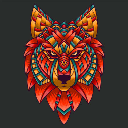 Abstract Colorful Ornament Doodle Art Wolf Illustration Cartoon Concept Vector.のイラスト素材