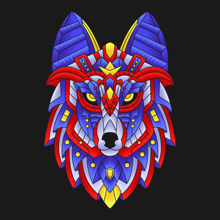 Abstract Colorful Ornament Doodle  Art Wolf Illustration Cartoon Concept Vector. Suitable For Logo, Wallpaper, Banner, Background, Card, Book Illustration, T-Shirt Design, Sticker, Cover, etcのイラスト素材